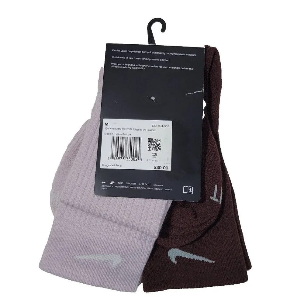 Nike Everyday Crew Socks Wool Blend Cushioned Dri Fit Women 6-10 Men 6-8 Yth 5-7